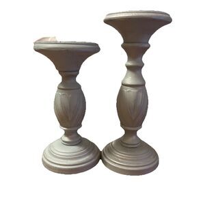 Pair Living Colors Wooden Light Blue Pilar Carved Candlestick Cottage Core